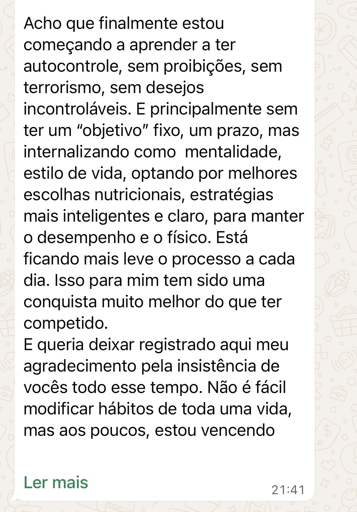 Feedback de paciente sobre autocontrole e mudança de hábitos